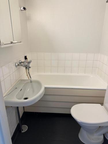 a bathroom with a sink and a toilet and a tub at Vehkaojan Kotoisa in Jämsä