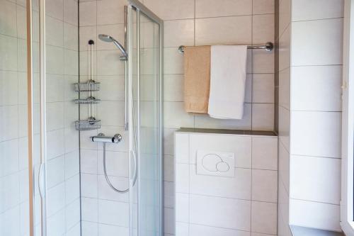 a bathroom with a shower with a glass door at Apartments Kirchebnerhof in Oetz