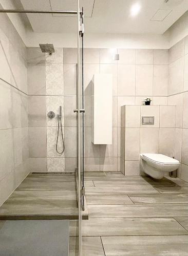 a bathroom with a shower and a toilet at Trigon Palace in Budapest