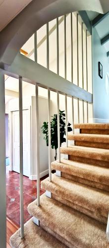 a staircase in a house with a potted plant at White House Tofino Downtown Villa in Tofino