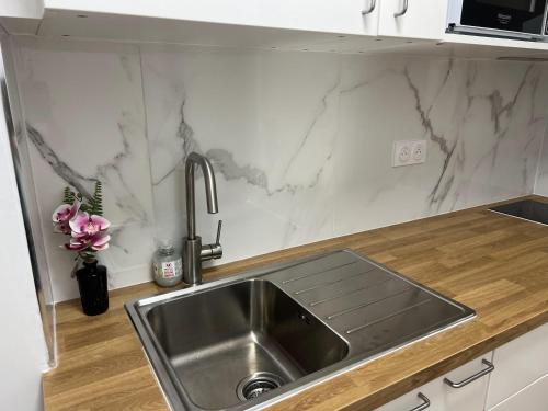 une cuisine avec un évier et un plan de travail dans l'établissement Villa Évasion &3 le luxe au bord de l'eau, à Nice