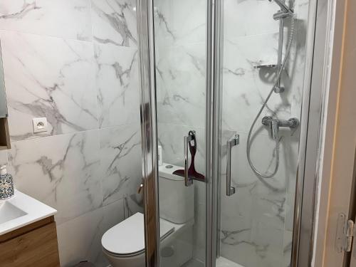 une salle de bain avec douche et toilettes dans l'établissement Villa Évasion &3 le luxe au bord de l'eau, à Nice
