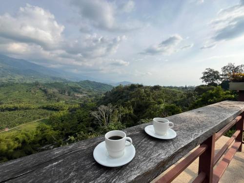 two cups of coffee on a table with a view at Finca Hotel San Miguel in Calarcá