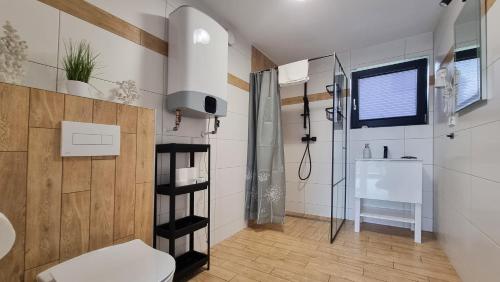 ein Bad mit einem WC, einem Waschbecken und einer Dusche in der Unterkunft Domki NASZE GĄSKI in Gąski