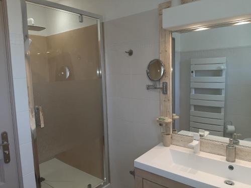une salle de bain avec une douche en verre et un lavabo dans l'établissement Appartement avec jardin et piscine, à Roquebrune-sur Argens