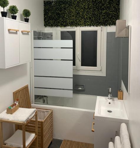 une salle de bain avec une baignoire et un lavabo dans l'établissement Appartement jacuzzi maison spa, à Paris