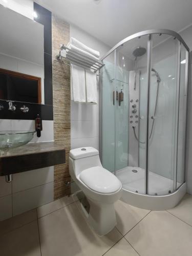 a bathroom with a shower and a toilet and a sink at Concha y Toro 33 Hotel Boutique by Nobile in Santiago
