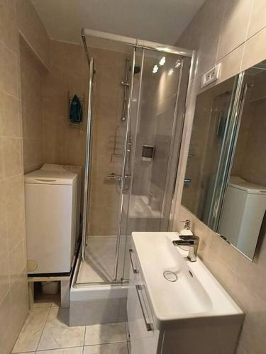 une salle de bain avec une douche, un lavabo et des toilettes dans l'établissement Appartement Entier, à Pierrefitte-sur-Seine
