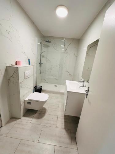 une salle de bain blanche avec des toilettes et un lavabo dans l'établissement Appartement Cavalaire proche de la mer , état neuf ,réservation 3 Jours minimum, à Cavalaire-sur-Mer