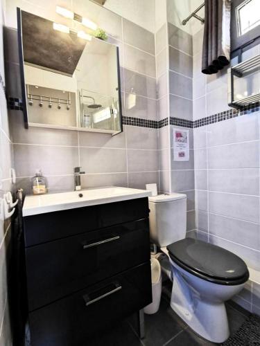 une salle de bain avec toilettes, lavabo et miroir dans l'établissement Résidence Cabestans Et - Studio 071, au Barcarès