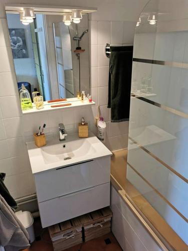 une salle de bain avec un lavabo blanc et un miroir dans l'établissement Résidence Le Mail A La Plage - Studio pour 4 Personnes 091, à Leucate
