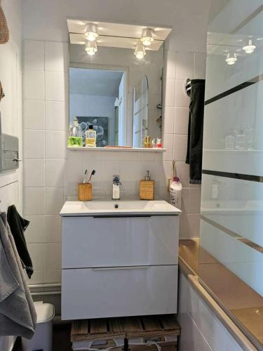 une salle de bain avec un lavabo blanc et un miroir dans l'établissement Résidence Le Mail A La Plage - Studio pour 4 Personnes 091, à Leucate