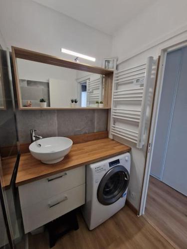une salle de bain avec une machine à laver et un lavabo dans l'établissement Appartement Cap d'Agde avec vue mer, au Cap d'Agde