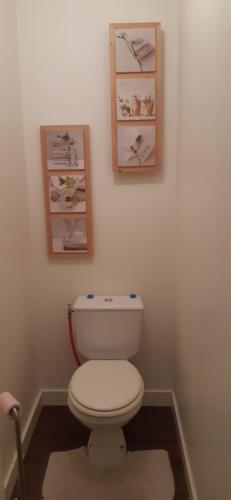 une salle de bains avec des toilettes et deux photos sur le mur. dans l'établissement Le 47 B&B Single, au Mans