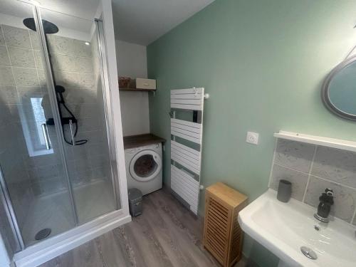 a bathroom with a shower and a washing machine at Le Pré Lassé 