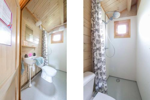 a bathroom with a toilet and a sink and a shower at Vakantiepark Vlinderloo in Enschede