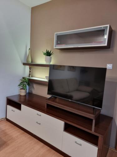 - une télévision à écran plat installée au-dessus d'un centre de divertissement dans l'établissement Cozy Apartment, à Strumica