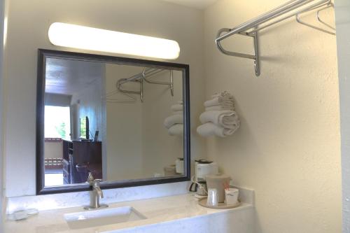 een badkamer met een wastafel en een grote spiegel bij Chippewa Motel Mount Pleasant in Mount Pleasant