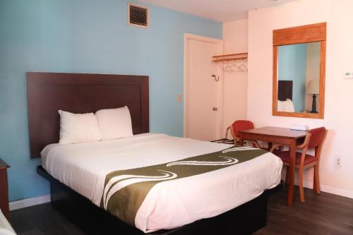 Una habitación de hotel con una cama, un escritorio y un espejo. en Chippewa Motel Mount Pleasant, en Mount Pleasant