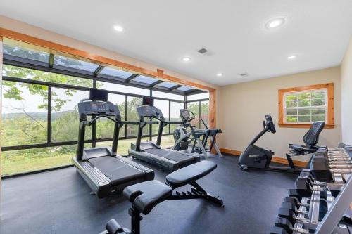 a gym with treadmills and ellipticals in a room with windows at New Ozark Oasis Luxe Cabin Retreat with Hot Tub in Hollister