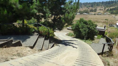 a stairway leading down to a road with a tree at Casalmar Pupuya in Pupuya