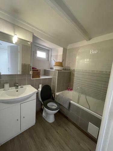 une salle de bain avec toilettes, lavabo et baignoire dans l'établissement Appartement proche plage et centre ville, à Saint-Laurent-du-Var