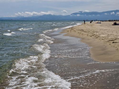 a beach with people sitting on the sand and the water at La PerleCanet - vue mer au centre in Canet-en-Roussillon