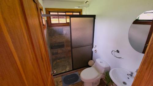 a bathroom with a toilet and a sink and a mirror at Arenal Sweet Cabins in Fortuna