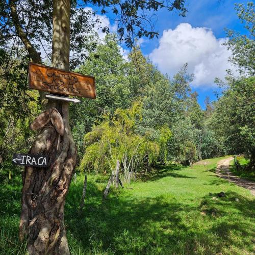 a sign on a tree in a park at Glamping las 4 estaciones in Guatavita