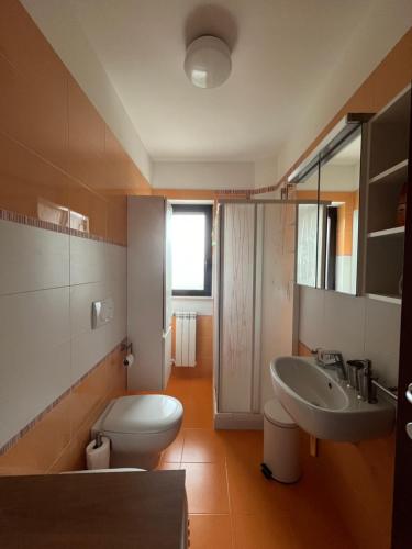 Maison Bellavista في Serra deʼ Conti: حمام مع مرحاض أبيض ومغسلة