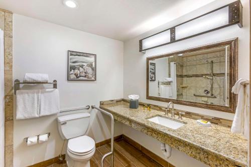 a bathroom with a toilet and a sink and a mirror at Best Western Plus Rio Grande Inn in Albuquerque