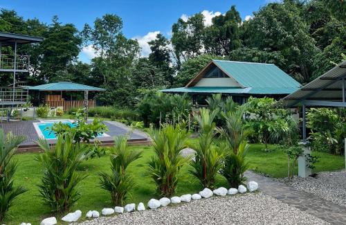 a garden with a swimming pool and a house at Southern Drake Lodge in Drake