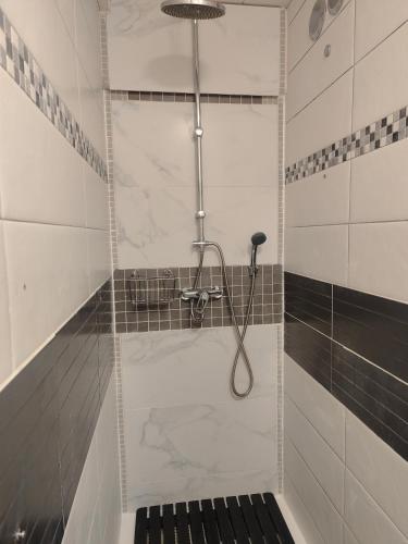 La salle de bains est pourvue d'une douche en noir et blanc. dans l'établissement Gîte PEGASUS - 5 min plage, à Amfréville