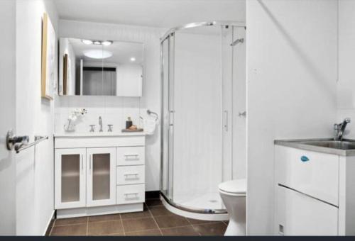 Un baño con ducha, inodoro y lavabo. en Gwen's Cottage on King, en Daylesford