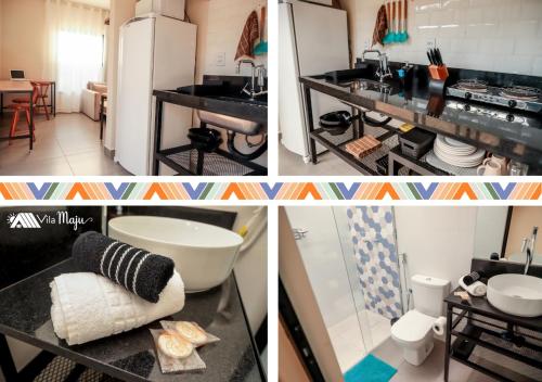 3 Bilder einer Küche mit Spüle und Kühlschrank in der Unterkunft Vila Maju espaço home office, garagem, próx.. UniAraxá, Fácil acesso in Araxá