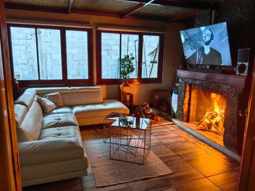 a living room with a couch and a fireplace at Alojamiento Punta Arenas in Punta Arenas