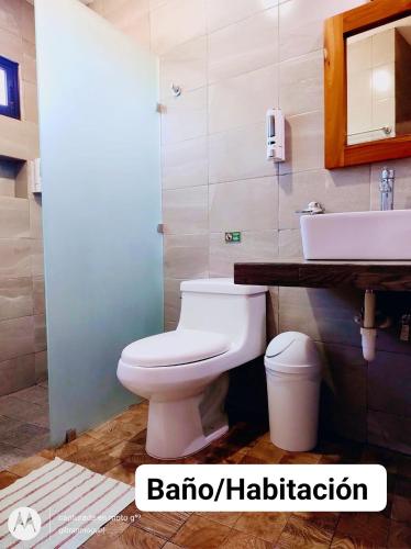 a bathroom with a white toilet and a sink at Departamentos Túumben Ché in Valladolid