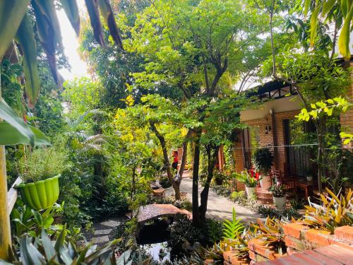 a garden in front of a house with trees and plants at Mui Ne Garden Hotel and Kite School in Mui Ne