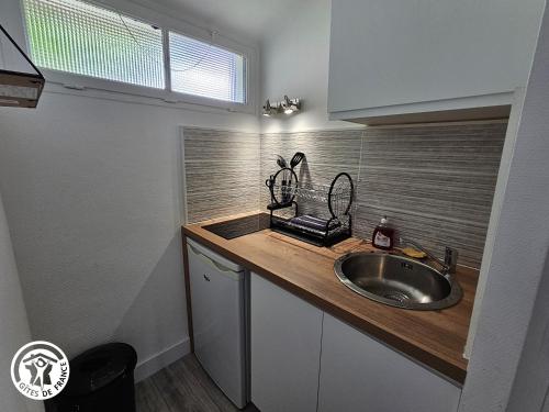 une cuisine avec un évier et un plan de travail dans l'établissement Gîte cosy 2 pers. près des plages et du Marais Poitevin, avec terrasse couverte - tout inclus - FR-1-426-550, à Saint-Michel-en-lʼHerm