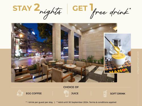 Silk Path Hanoi Hotel في هانوي: لقطه شاشة مطعم مكتوب عليها اقامه ليالي الحصول على مشروب مجاني