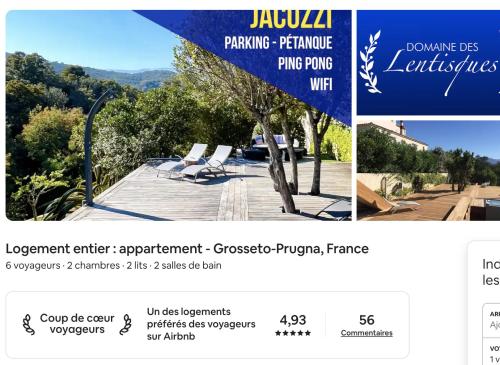 une page d'un site web avec une photo d'une piscine dans l'établissement F3 non fumeur, jacuzzi, verdure à 3 mn de la mer, à Grosseto-Prugna