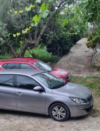 a silver car parked next to two red cars at Klejdi's house in Qeparo