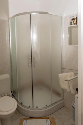 a shower stall in a bathroom with a toilet at Kokó Panzió in Harkány