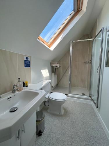 a bathroom with a sink and a toilet and a shower at En-Suite rooms, Colyford in Colyford