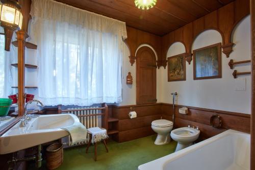 y baño con bañera, aseo y lavamanos. en Lioda Castle, en Cortina dʼAmpezzo