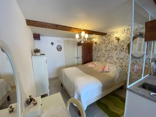 a small bedroom with a bed and a mirror at Ravissant Shabby Chic Au Centre de Metz in Metz