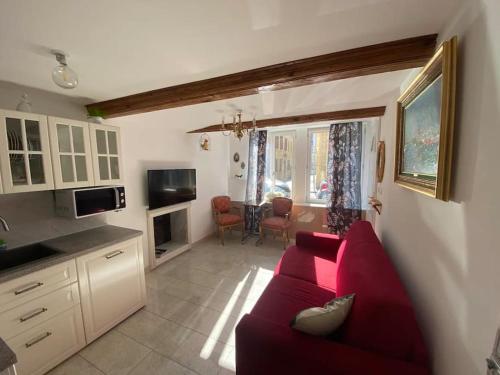 un salon avec un canapé rouge et une cuisine dans l'établissement Ravissant Shabby Chic Au Centre de Metz, à Metz