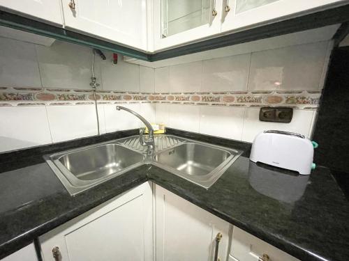 a kitchen with a sink and a toaster on a counter at Apartamentos Illa de Arousa Centro 3000 in Isla de Arosa
