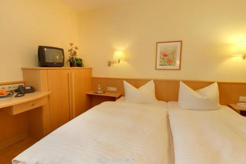 a hotel room with two beds and a tv at Hotel Garni Grottental in Meßstetten