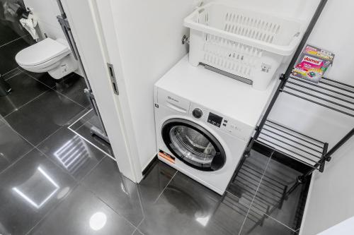 uma máquina de lavar e secar roupa numa pequena casa de banho em Nibelungen Apartments em Worms